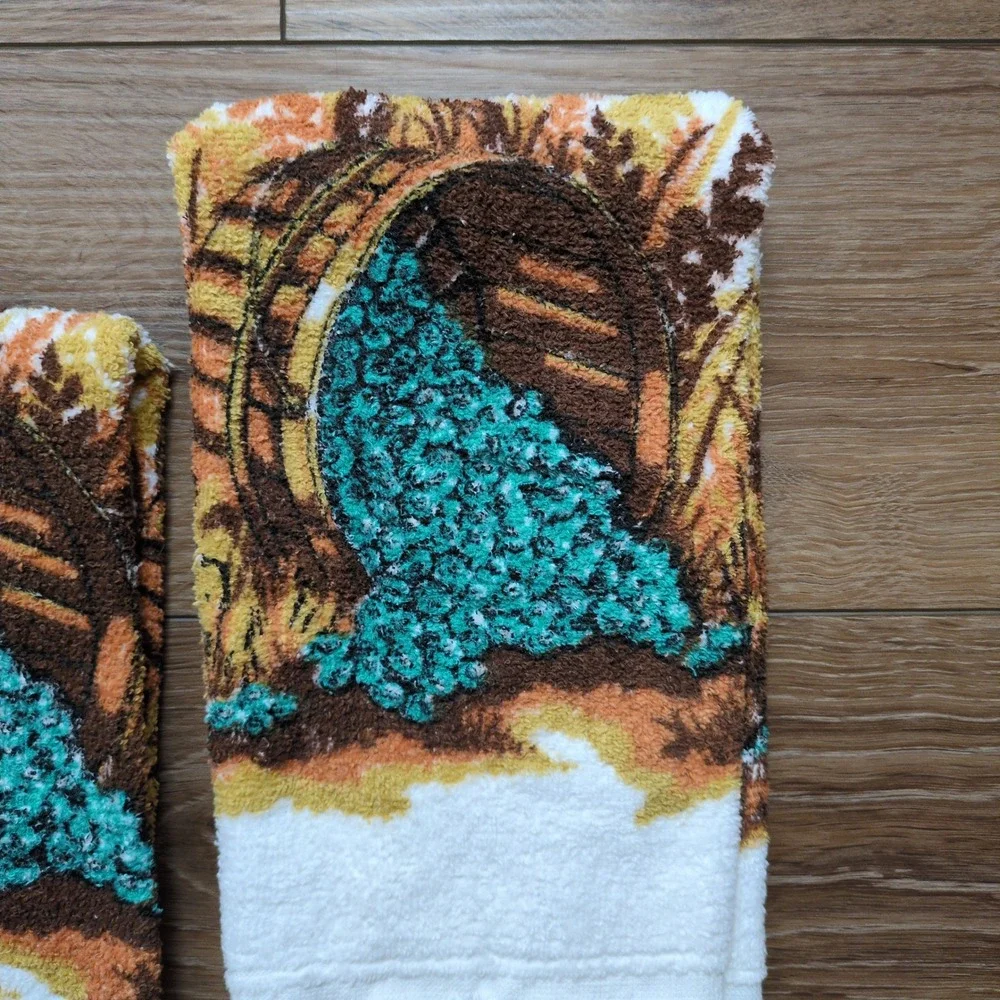 Vintage 70s Blueberry Harvest Kitchen Dish Hand Towels USA Made Cotton‎ Fringe